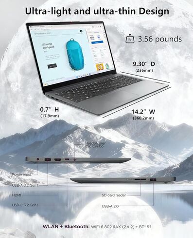 Lenovo IdeaPad 1i Laptop, Copilot AI, Microsoft Office, Intel Core i5-1335U（10-core, 16GB RAM 256GB SSD, 15.6'' FHD Display, Wi-Fi, Camera, Number Keypad, Windows 11 Pro, Alpacatec Accessories in Saudi Arabia