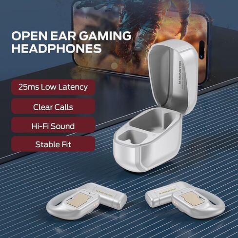 سماعات رأس Monster Open Ear AC310، سماعات أذن لاسلكية بلوتوث 5.4 مع صوت هاي فاي، سماعات أذن مفتوحة مع وقت تشغيل 60 ساعة، مكالمة واضحة ENC، عناصر تحكم باللمس، سماعات رأس لاسلكية مقاومة IPX5 (أبيض) in Kuwait