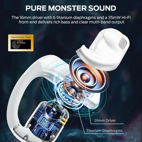 سماعات رأس Monster Open Ear AC310، سماعات أذن لاسلكية بلوتوث 5.4 مع صوت هاي فاي، سماعات أذن مفتوحة مع وقت تشغيل 60 ساعة، مكالمة واضحة ENC، عناصر تحكم باللمس، سماعات رأس لاسلكية مقاومة IPX5 (أبيض) in Kuwait