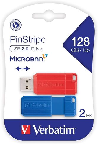 محرك أقراص فلاش Verbatim Pinstripe سعة 128 جيجابايت USB 2.0 من النوع A، أحمر وأزرق، 2/عبوة (70391) in Kuwait