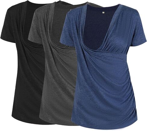 Liu & Qu Women's Maternity Nursing Tops, Layered Wrap for Breastfeeding, V-Neck Short Sleeve Tee Shirts 3 Packs in Saudi Arabia
