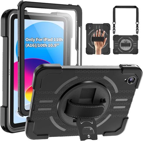 Waterproof Case for iPad 11th(A16) 2025&10th 2022 10.9", IP68 Waterproof, Full-Body Shockproof, Built-in Screen Protector, 360° Rotating Kickstand with Adjustable Shoulder Strap, Black in Saudi Arabia