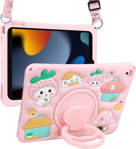 Coolden for iPad 9th Generation Case for iPad 9th/8th/7th Generation Case 10.2 Inch2021/2020/2019 Kids Girls Cute Strawberry Mushroom Soft 3D Tablet Cover with Shoulder Strap & Rotating Stand, Pink in Saudi Arabia