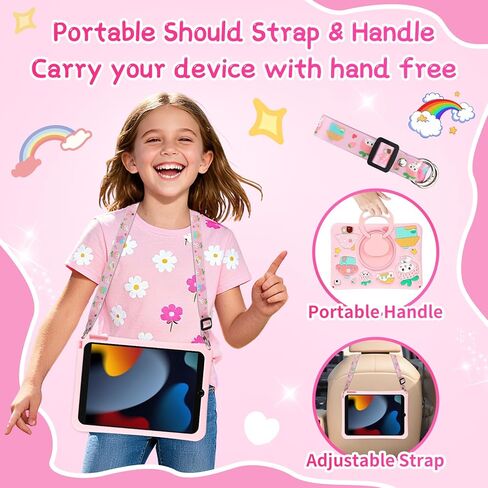 Coolden for iPad 9th Generation Case for iPad 9th/8th/7th Generation Case 10.2 Inch2021/2020/2019 Kids Girls Cute Strawberry Mushroom Soft 3D Tablet Cover with Shoulder Strap & Rotating Stand, Pink in Saudi Arabia