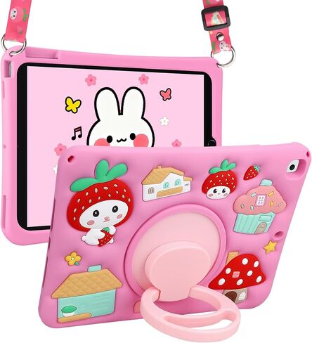 Coolden for iPad 9th Generation Case for iPad 9th/8th/7th Generation Case 10.2 Inch2021/2020/2019 Kids Girls Cute Strawberry Mushroom Soft 3D Tablet Cover with Shoulder Strap & Rotating Stand, Pink in Saudi Arabia