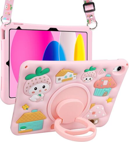 Coolden for iPad 9th Generation Case for iPad 9th/8th/7th Generation Case 10.2 Inch2021/2020/2019 Kids Girls Cute Strawberry Mushroom Soft 3D Tablet Cover with Shoulder Strap & Rotating Stand, Pink in Saudi Arabia