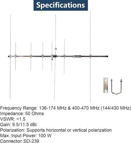 ​​Dual-Band Yagi Antenna for Ham Radio: High Gain 9.5/11.5 dBi for 2m/70cm (VHF/UHF) 136-174/400-470 MHz, 8-Element Outdoor Base Antenna for Repeater & Mobile Radio in Saudi Arabia