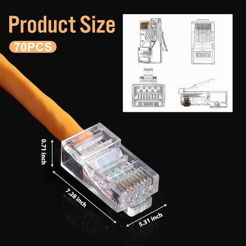 70 Pack Cat6 RJ45 Connectors, Cat6 RJ45 Ends Ethernet Cable Crimp Connectors UTP Network Plug RJ 45 Standard Connector for Solid or Stranded UTP Cable, Transparent in Saudi Arabia