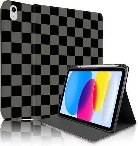 TopPerfekt Case for iPad 11th (A16) 11-inch 2025 / 10th Generation 10.9-inch 2022, Pencil Holder Anti Slip Shockproof for Kids, Female, Male, Plaid Cute Chic Checkered Series - Black in Saudi Arabia
