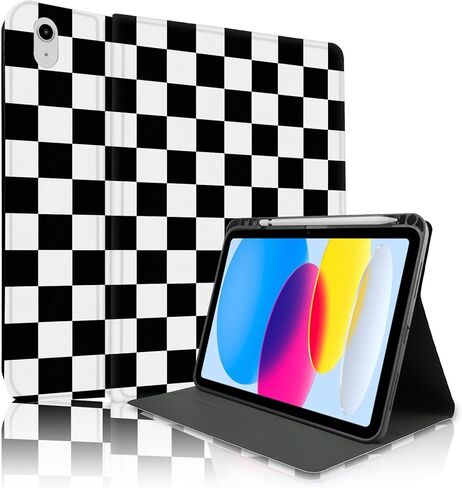 TopPerfekt Case for iPad 11th (A16) 11-inch 2025 / 10th Generation 10.9-inch 2022, Pencil Holder Anti Slip Shockproof for Kids, Female, Male, Plaid Cute Chic Checkered Series - Black in Saudi Arabia