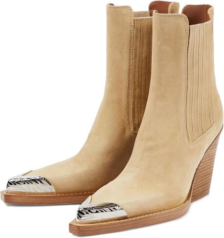 Goolita Suede Western Cowboy Boots For Women Metal Pointed Toe Stacked Block Heel Cowgirl Ankle Boots Vintage Slip On Short Booties in Saudi Arabia