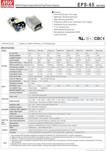 MEAN WELL EPS-65-12 EPS65 Series 65 W Single Output 12 V Open Frame AC/DC Converter - 1 item(s) in Saudi Arabia