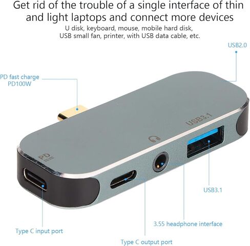 USB C Hub 5 in 1, Multiport USB C Adapter with 100W PD Charging + 10Gbps USB 3.1 + Type C + 3.5mm AUX + USB 2.0, Plug in Type Laptop USB C Port Expander in Saudi Arabia
