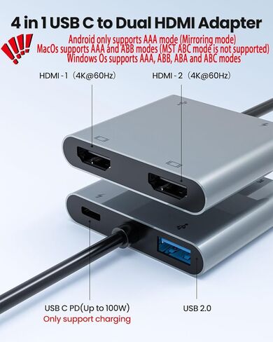 محول USB C إلى HDTV مزدوج، 4K@60 هرتز HDTV Splitter تمديد العرض للشاشات المزدوجة، نظام MacOS يسمح فقط بوضع المرآة، يسمح Windows بعرض شاشات متعددة 3 شاشات منفصلة لـ 100W PD، منفذ USB-A in Saudi Arabia