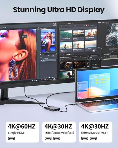 محول USB C إلى HDTV مزدوج، 4K@60 هرتز HDTV Splitter تمديد العرض للشاشات المزدوجة، نظام MacOS يسمح فقط بوضع المرآة، يسمح Windows بعرض شاشات متعددة 3 شاشات منفصلة لـ 100W PD، منفذ USB-A in Saudi Arabia