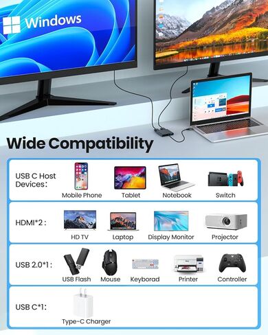 محول USB C إلى HDTV مزدوج، 4K@60 هرتز HDTV Splitter تمديد العرض للشاشات المزدوجة، نظام MacOS يسمح فقط بوضع المرآة، يسمح Windows بعرض شاشات متعددة 3 شاشات منفصلة لـ 100W PD، منفذ USB-A in Saudi Arabia