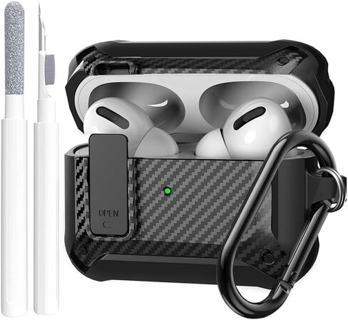 حافظة لجهاز Airpod Pro الجيل الثاني/الأول بقفل غطاء مع سلسلة مفاتيح وقلم منظف، غطاء واقٍ لكامل الجسم العسكري Airpod Pro 2/1 مقاوم للصدمات، أسود in Saudi Arabia