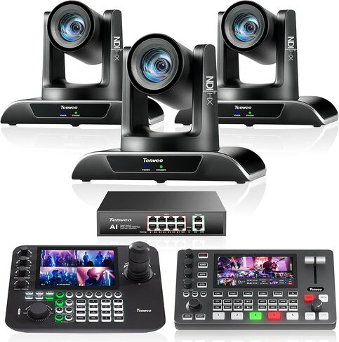 Tenveo PTZ Bundle/Kits - 20X AI Auto-Tracking NDI PTZ Camera(*3) with HDMI/USB3.0/LAN(PoE), 7’’ LCD Quad-Screen NDI Joystick Controller, 4K HDMI + SDI Video Switcher and 8 Port Gigabit PoE Switch in Saudi Arabia