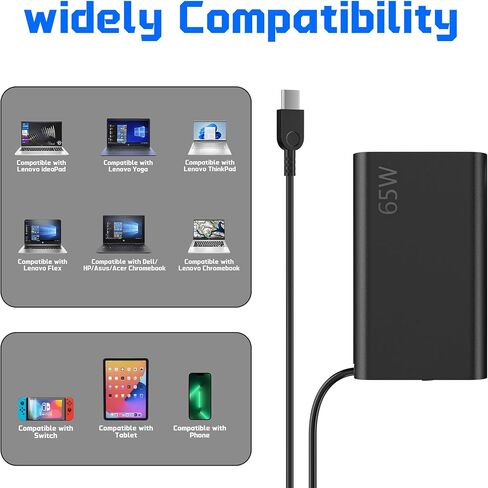 QFA 2025 بديل نحيف جديد لشاحن الكمبيوتر المحمول Lenovo 65W USB C متوافق مع Lenovo ThinkPad/Yoga/Chromebook الكمبيوتر المحمول نوع C محول الطاقة السريع in Kuwait