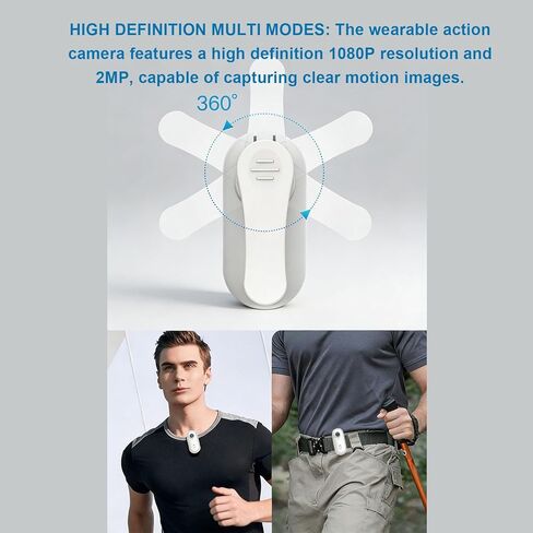كاميرا PUSOKEI 1080P 2MP WiFi Action، كاميرا صغيرة يمكن ارتداؤها على الجسم مع مشبك خلفي، كاميرا فيديو رياضية محمولة للأمان والعمل والحراسة والسفر (أبيض) in Saudi Arabia