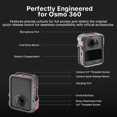 PGYTECH Camera Cage for DJI OSMO 360, Durable Aluminum Alloy Protective Case with Quick Release Knob, Built-in Cold Shoe Mounts and 1/4" Threads, Silicone Lens Cover Action Camera Frame in Saudi Arabia