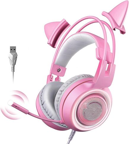 سماعة رأس Ciciglow Pink للألعاب، سماعة رأس ستيريو 7.1 للألعاب للكمبيوتر الشخصي والهواتف المحمولة وسماعات رأس بخاصية إلغاء الضوضاء فوق الأذن مع ميكروفون مرن وقابل للسحب وأغطية أذن ذات ذاكرة ناعمة LED وUSB لألعاب الرياضات الإلكترونية (وردي) in Kuwait