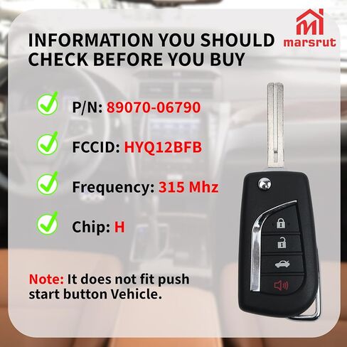 Flip Key Fob Replacement for Toyota Camry 2018-2023 and for Toyota Corolla 2020-2021 Car, FCC ID: HYQ12BFB, Replaces P/N: 89070-06790, 4-Button Keyless Entry Control Remote, H Chip in Saudi Arabia
