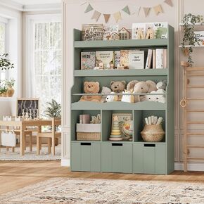 HITHOS 55.3"H Kids Bookshelf with Toy Storage Organizer, Tall Book Shelf with 3 Mobile Toy Storage Bins, Large Kids Bookcase with Toy Chest, 39.2"W Modern Toy Box for Kids Room, Playroom, Pink, White in Kuwait