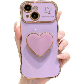 Compatible with Cute iPhone 16 Pro Max case 6.9'', Pink Wave Frame Shape Phone Case with Love Heart Kickstand Raised Camera Protection Luxury Plating Shockproof TPU Protective Cover for Women Girls in Kuwait