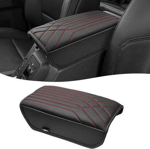 KBH Center Console Armrest Cover for Ford Bronco 2021 2022 2023 2024 2025 2026, Vinyl Leather Accessories, Middle Console Lid Protector Cushion Pad with Side Pockets, Anti-Scratch, Black-Red Stitch in Saudi Arabia