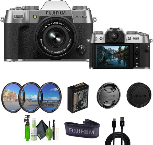 كاميرا فوجي فيلم X-T50 الرقمية بدون مرآة XC15-45mmF3.5-5.6 مجموعة عدسات OIS PZ مع ملحقات - فضي in Saudi Arabia