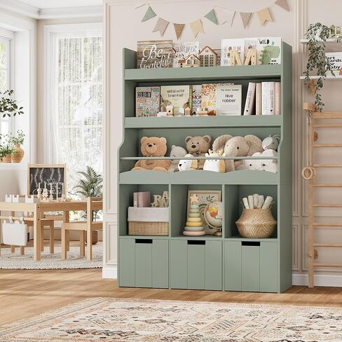 HITHOS 55.3"H Kids Bookshelf with Toy Storage Organizer, Tall Book Shelf with 3 Mobile Toy Storage Bins, Large Kids Bookcase with Toy Chest, 39.2"W Modern Toy Box for Kids Room, Playroom, Pink, White in Kuwait