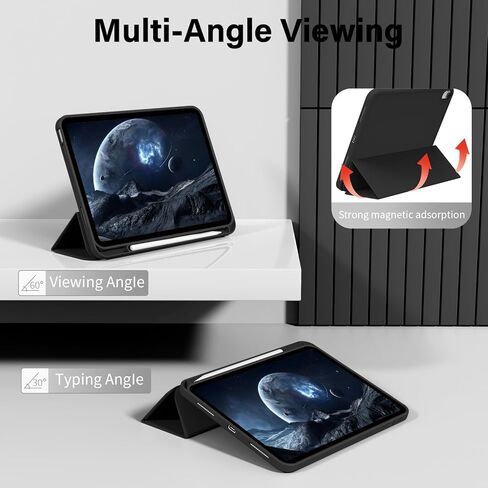 حافظة لجهاز iPad (A16) الجيل الحادي عشر مقاس 11/10.9 بوصة مع حامل أقلام 2025/2022، غطاء حماية رفيع ثلاثي الطي، غطاء هجين مع ظهر ناعم من مادة TPU، أسود in Kuwait
