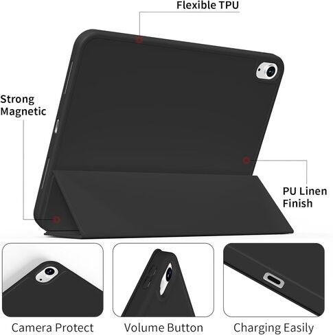 حافظة لجهاز iPad (A16) الجيل الحادي عشر مقاس 11/10.9 بوصة مع حامل أقلام 2025/2022، غطاء حماية رفيع ثلاثي الطي، غطاء هجين مع ظهر ناعم من مادة TPU، أسود in Kuwait