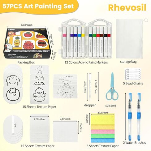Rhevosil 57 Pcs Magic Foam Texture Painting Kit, Magical 3D Effect Painting Kit, Including 35 Pcs Foam Texture Paper, 12 Colors Acrylic Paint Markers, DIY Bubble Drawing Pens Art Supplies in Kuwait