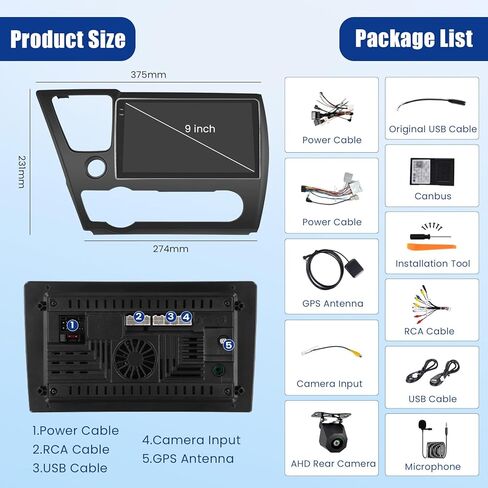 [4G+128G] Android 15 Car Radio for Honda Civic 2013-2017 with Wireless Carplay/Android Auto, 9 Inch HD Touch Screen Car Stereo with GPS WiFi Bluetooth FM/RDS EQ SWC Backup Camera MIC in Saudi Arabia