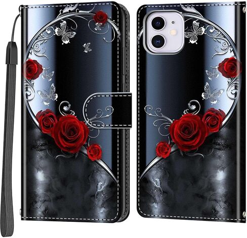 حافظة محفظة لهاتف iPhone 11، [مسند] حامل 3 بطاقات [غلاف داخلي من مادة TPU مقاوم للصدمات]، غطاء قلاب واقٍ مغناطيسي من جلد البولي يوريثان مقاس 6.1 بوصة، فراشة وردية in Saudi Arabia