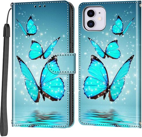 حافظة محفظة لهاتف iPhone 11، [مسند] حامل 3 بطاقات [غلاف داخلي من مادة TPU مقاوم للصدمات]، غطاء قلاب واقٍ مغناطيسي من جلد البولي يوريثان مقاس 6.1 بوصة، فراشة وردية in Saudi Arabia