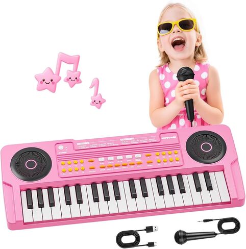 Upgraded Kids Piano Keyboard – 37 Keys Toddler Keyboard with Microphone Learning Instrument Musical Toys for 3 4 5 6 Boys Girls Birthday Gift, Pink in Saudi Arabia