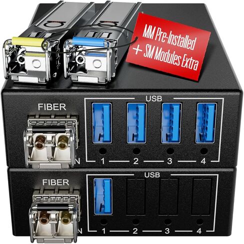 USB 3.0/2.0/1.1 to Fiber Optic Extender with 4-Port USB Hub – Up to 820ft 250m Over SM/MM LC Fiber – Plug & Play, No Driver Needed – Power from USB – Supports High-Speed Devices & Cameras in Saudi Arabia