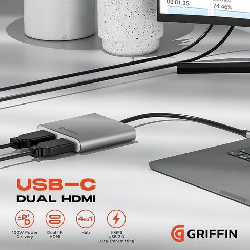محور جريفين 4 في 1، محول USB C Hub متعدد المنافذ مع USB 3.0، محول HDMI مزدوج 4K لأجهزة الكمبيوتر المحمول، MacBook، والمزيد، توصيل طاقة 100 وات in Kuwait