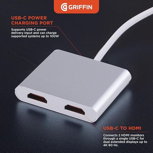 محور جريفين 4 في 1، محول USB C Hub متعدد المنافذ مع USB 3.0، محول HDMI مزدوج 4K لأجهزة الكمبيوتر المحمول، MacBook، والمزيد، توصيل طاقة 100 وات in Kuwait