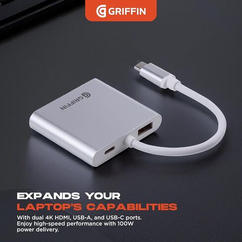 محور جريفين 4 في 1، محول USB C Hub متعدد المنافذ مع USB 3.0، محول HDMI مزدوج 4K لأجهزة الكمبيوتر المحمول، MacBook، والمزيد، توصيل طاقة 100 وات in Kuwait