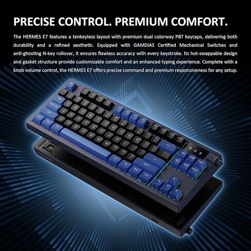 GAMDIAS Hermes E7 حشية سلكية 75% RGB لوحة مفاتيح ميكانيكية، مقبض تحكم في مستوى الصوت، مفتاح أحمر خطي قابل للتبديل السريع، إضاءة خلفية RGB مع أغطية مفاتيح PBT، مقاومة للظلال مع تمرير مفتاح N in Saudi Arabia