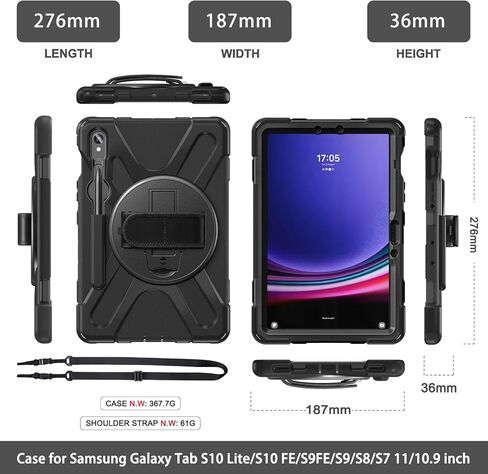 Rantice Case for Samsung Galaxy Tab S10 Lite/ S10 FE/ S9 FE/ S9/ S8/ S7, Heavy Duty Shockproof Protective Case with Screen Protector & 360 Rotating Stand & Hand Strap & Shoulder Strap (Black) in Saudi Arabia