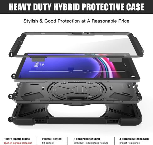 Rantice Case for Samsung Galaxy Tab S10 Lite/ S10 FE/ S9 FE/ S9/ S8/ S7, Heavy Duty Shockproof Protective Case with Screen Protector & 360 Rotating Stand & Hand Strap & Shoulder Strap (Black) in Saudi Arabia