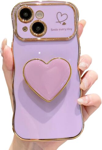 Compatible with Cute iPhone 17 Pro Max case 6.9'', Pink Wave Frame Shape Phone Case with Love-Heart Kickstand Raised Camera Protection Luxury Plating Shockproof TPU Protective Cover for Women Girls in Kuwait