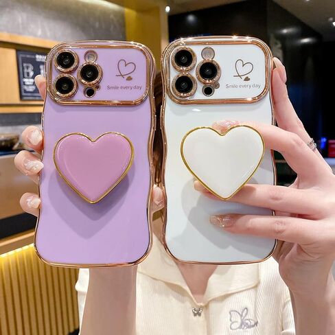 Compatible with Cute iPhone 17 Pro Max case 6.9'', Pink Wave Frame Shape Phone Case with Love-Heart Kickstand Raised Camera Protection Luxury Plating Shockproof TPU Protective Cover for Women Girls in Kuwait