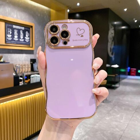 Compatible with Cute iPhone 17 Pro Max case 6.9'', Pink Wave Frame Shape Phone Case with Love-Heart Kickstand Raised Camera Protection Luxury Plating Shockproof TPU Protective Cover for Women Girls in Kuwait