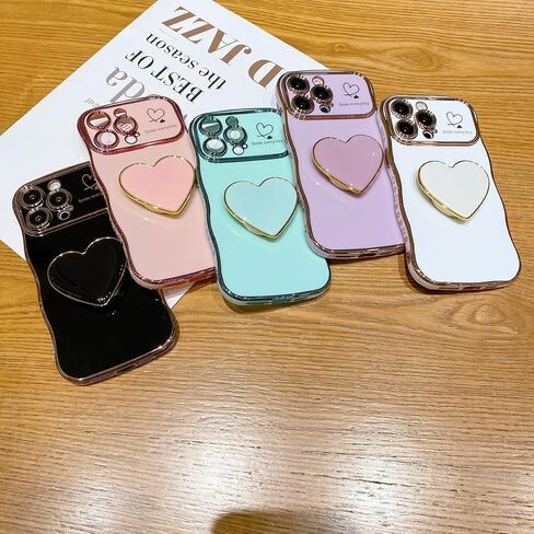 Compatible with Cute iPhone 17 Pro Max case 6.9'', Pink Wave Frame Shape Phone Case with Love-Heart Kickstand Raised Camera Protection Luxury Plating Shockproof TPU Protective Cover for Women Girls in Kuwait